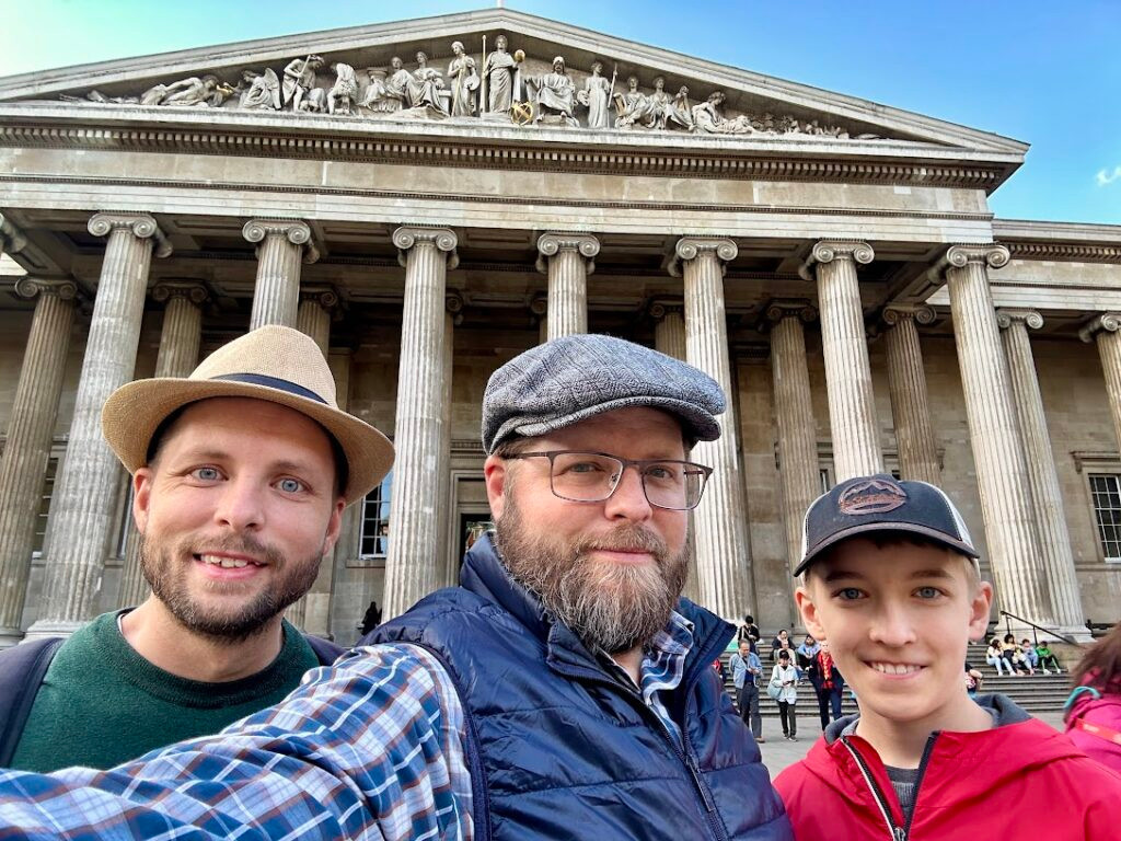 Nate Loper with companions outside the British Museum in London
