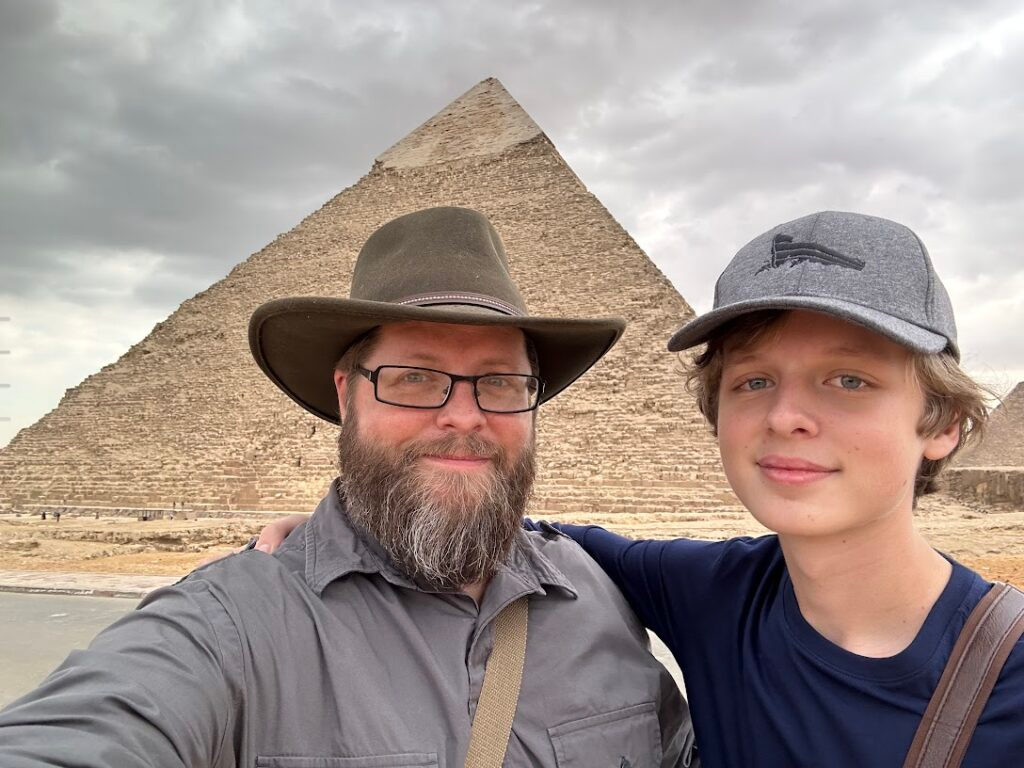 Nate Loper at the Great Pyramid of Giza Nate Loper with a family member in front of the Great Pyramid of Giza in Egypt