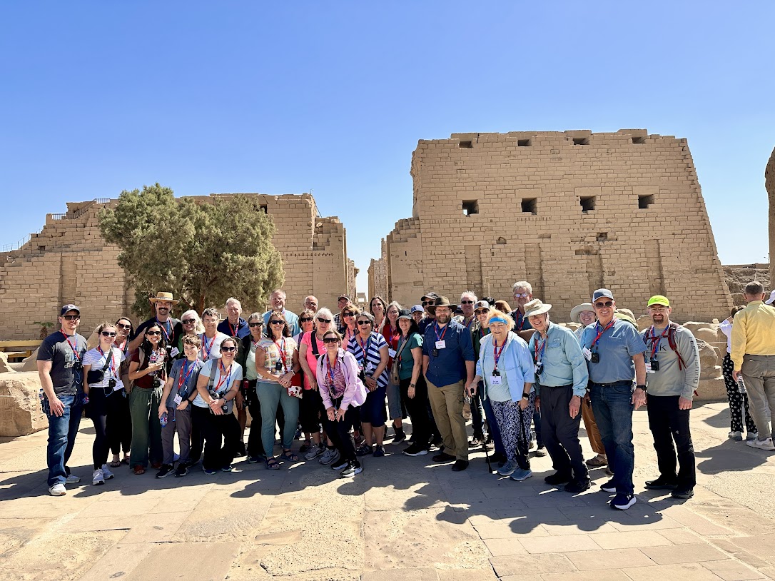 Nate Loper with the 2026 biblical Egypt tour group at Luxor Temple in Egypt