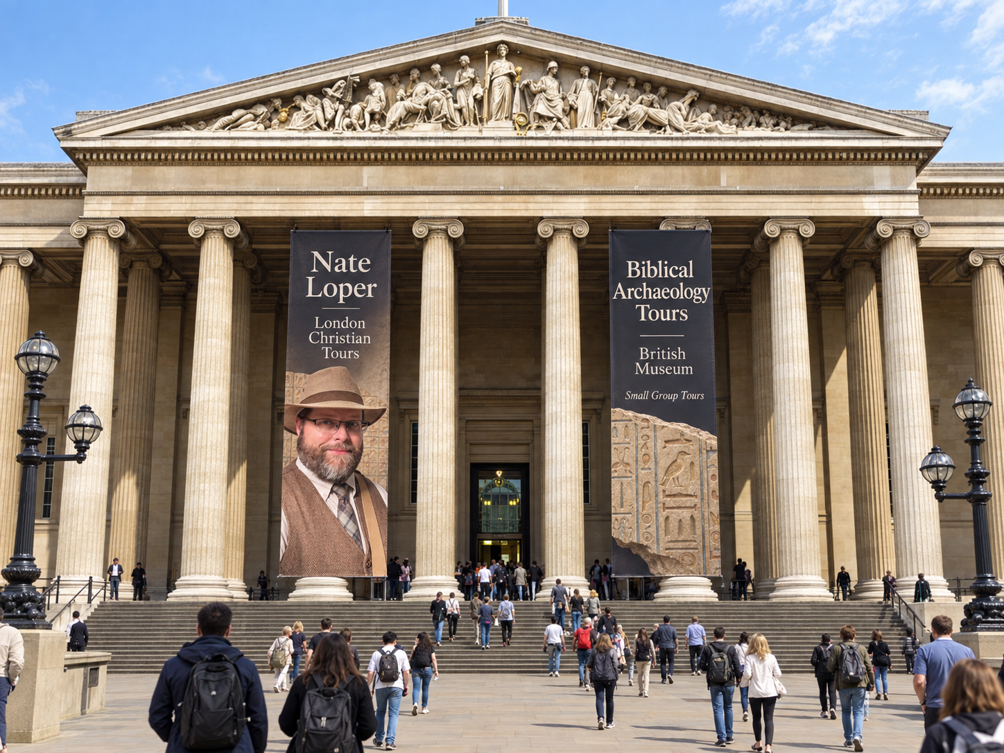 British Museum exterior with London Christian Tours banners featuring Nate Loper